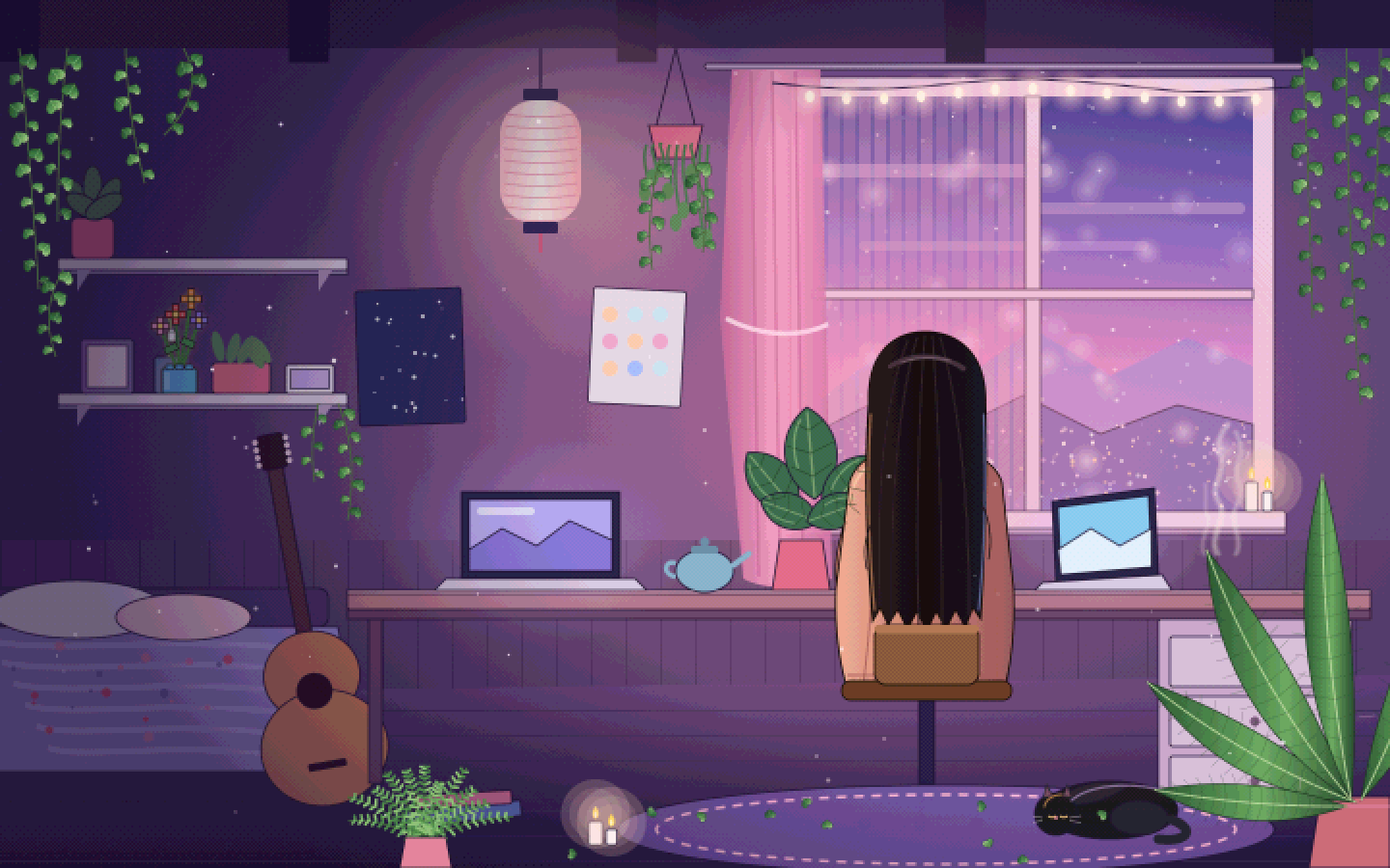 A cosy pixel-art room at sunset: Rajmi at her desk with headphones on, a sleeping black cat, plants, books and a camera