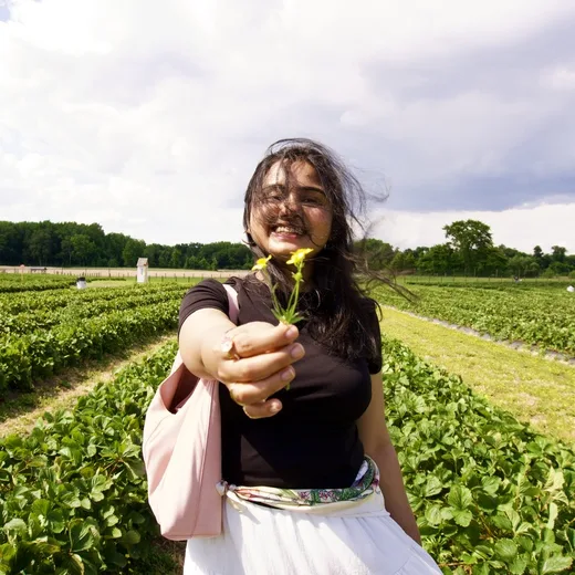 Rajmi in a strawberry field holding out small yellow flowers