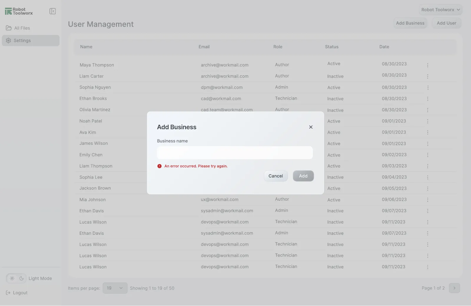 Add Business dialog showing an inline error message