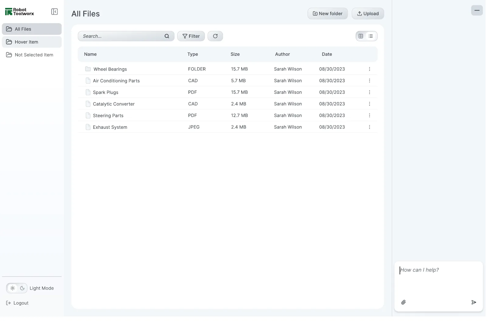 All Files list view in light mode showing type, size, author and date columns